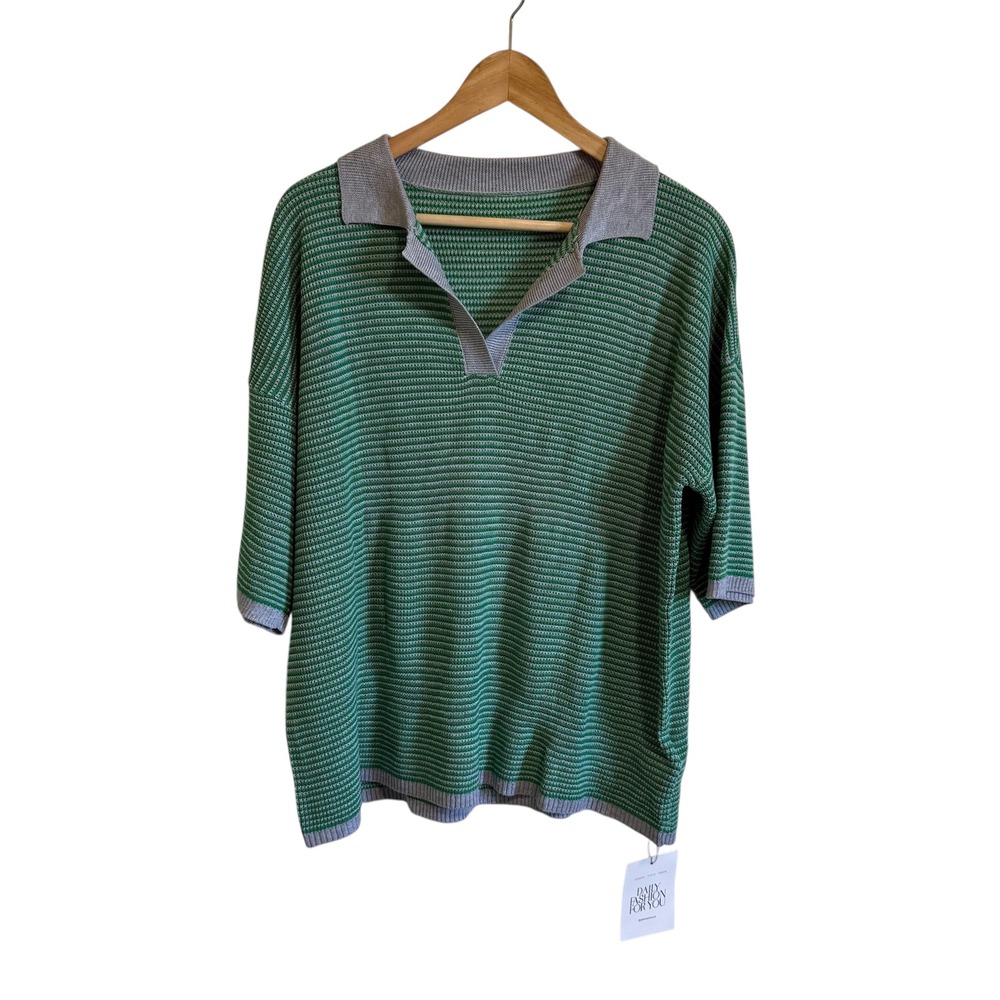 Daily Fashion For You‎ Knit Top Green Striped Short Sleeve Polo Collar M